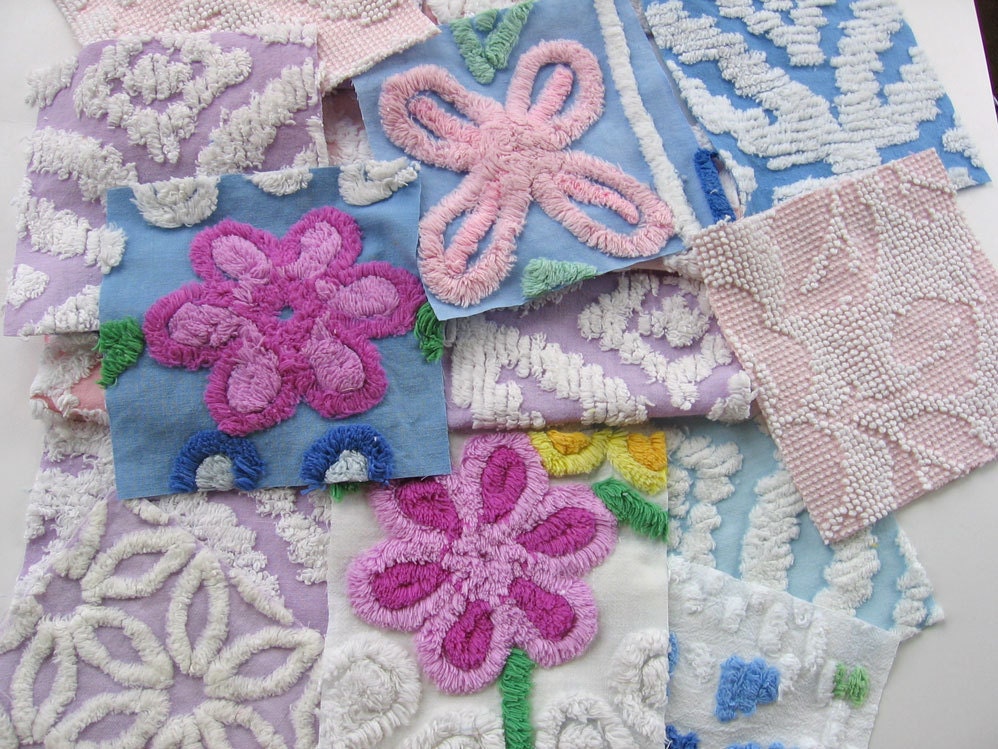 baby quilt squares, spring flowers /  Chenille Bedspread squares-  20 precut 6 inch squares / Vintage Chenille