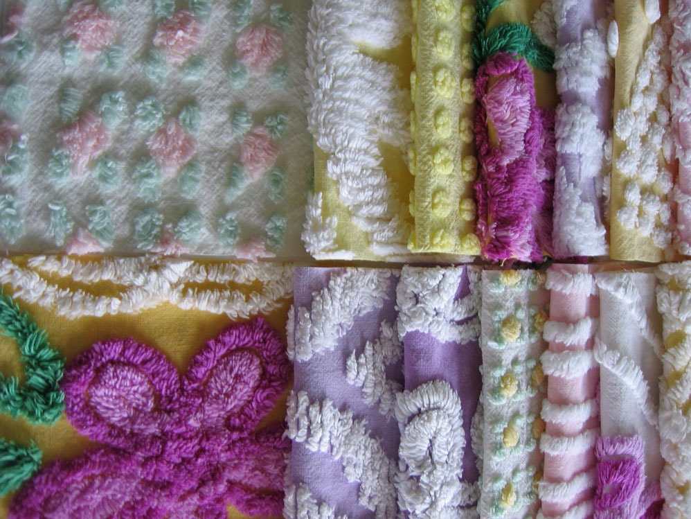 baby quilt squares, wild flowers /  Chenille Bedspread squares-  20 precut 6 inch squares / Vintage Chenille