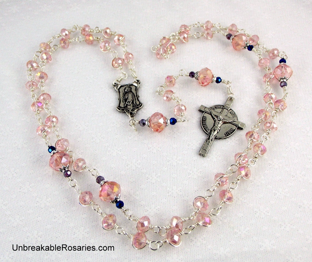 St John Vianney - St Philomena Wire Wrapped Rosary Beads in Pink Czech Glass by Unbreakable Rosaries