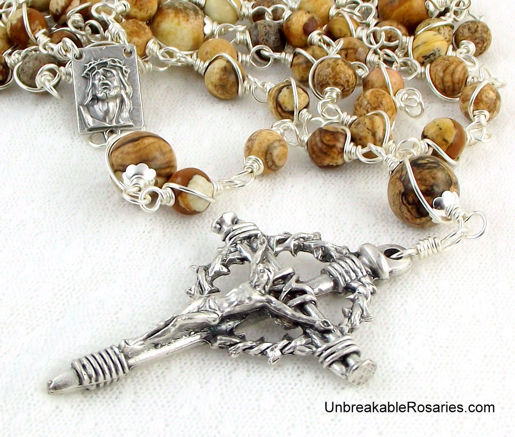 Holy Face of Jesus Wire Wrapped Rosary Beads for Men in Brown Picture Jasper  with Nail Crucifix by Unbreakable Rosaries