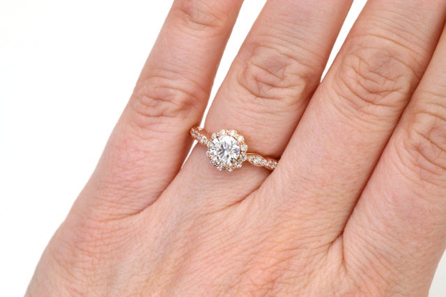 14K Rose Gold Moissanite Engagement Ring Diamond Halo 18K Platinum Palladium Bridal Jewelry
