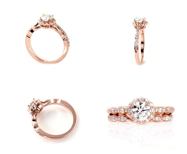 14K Rose Gold Moissanite Engagement Ring Diamond Halo 18K Platinum Palladium Bridal Jewelry