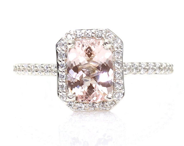 Morganite Engagement Ring Diamond Halo Cushion Morganite Ring 14K White Yellow or Rose Gold
