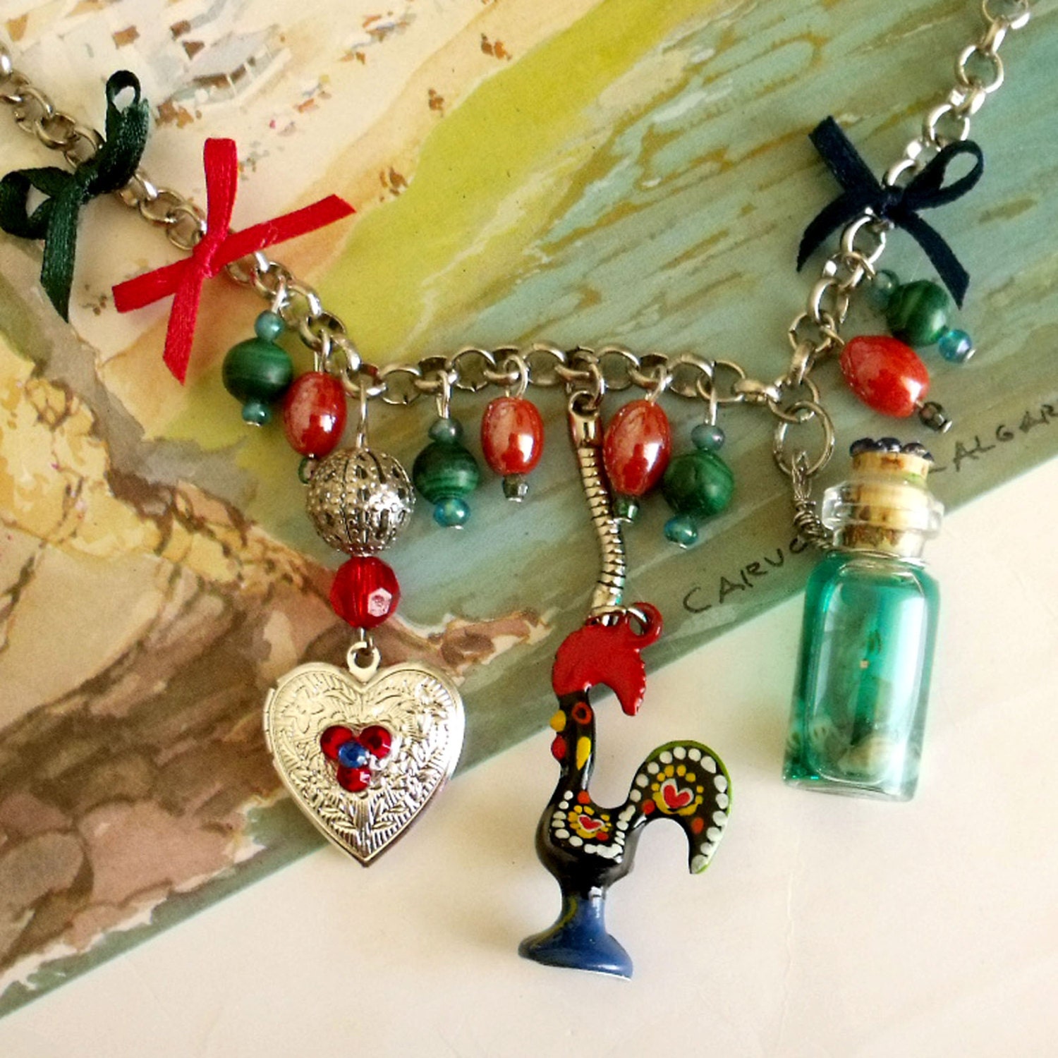 Portugal LUCK Rooster Heart LOCKET Bottle shells rhinestones necklace