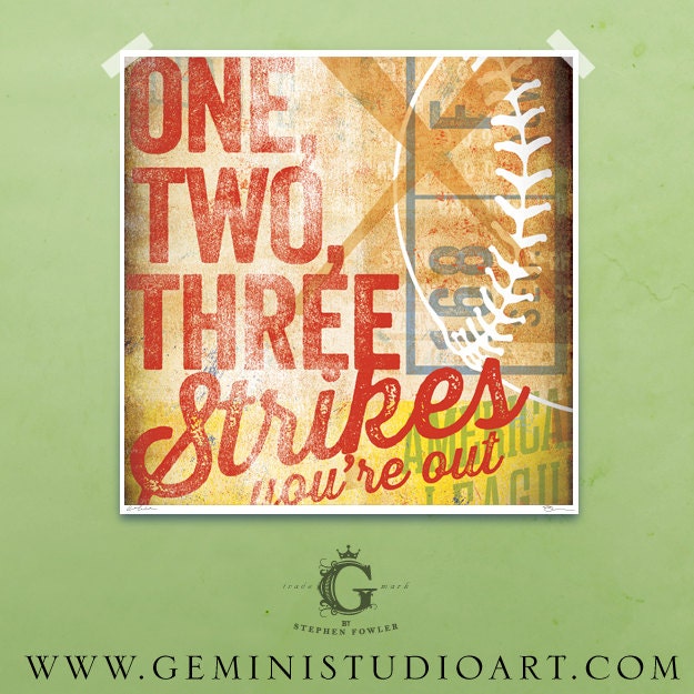 Three Strikes you're out Baseball art giclee archival signed artist's print 12 x 12 by stephen fowler