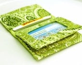 Green Paisley ID Wallet  - made with remnant and reclaimed fabric - credit card ID holder with vinyl window - ready to ship