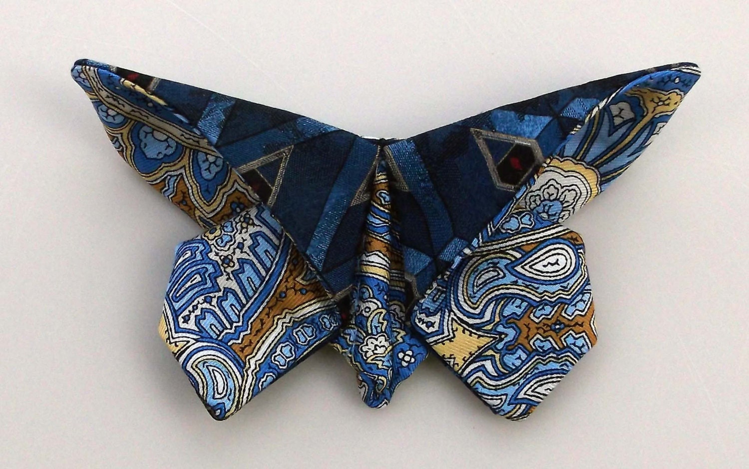 Blue and Gold Paisley Butterfly Pin Recycled Silk