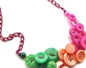 ON SALE Color Blocking Necklace in Bright Pink, Peach, and Kelly Green, Vintage Button Jewelry