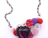ON SALE Hearts and Flowers Vintage Buttons Necklace in Red, Pink, White, and Purple