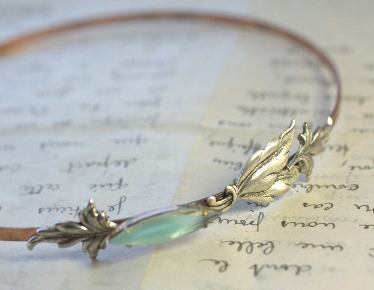 Art nouveau leaf bridal headband vintage aquamarine jewel
