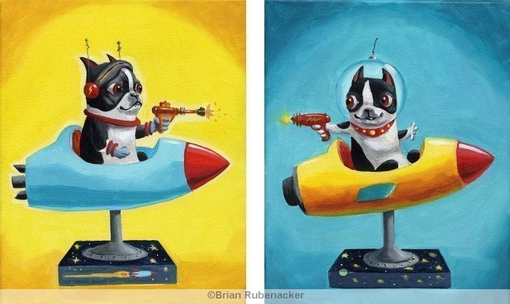 Space Rangers SET- Boston Terrier Print from oil painting