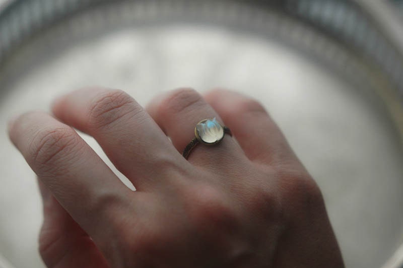 Moonlit garden - adjustable antique bronze ring with iridescent vintage moonstone glass flower cabochon
