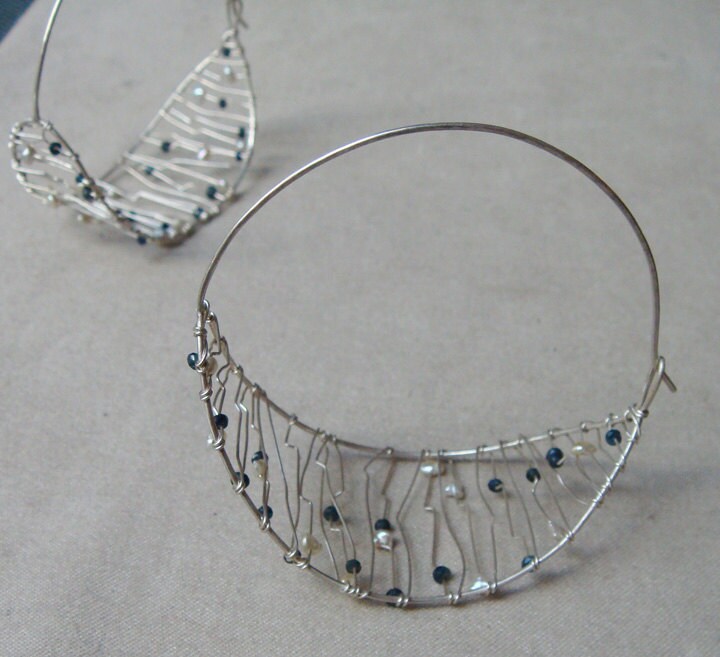 SALE: Wire Wrapped Hoop Earrings, Large Luna Hoops, sterling silver with sapphires and pearls
