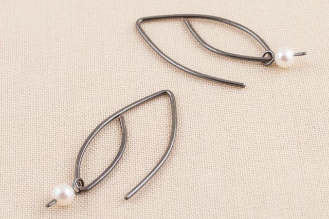 Small Hammered Leaf Hooks, wire jewelry, black and white, oxidized silver with white pearls