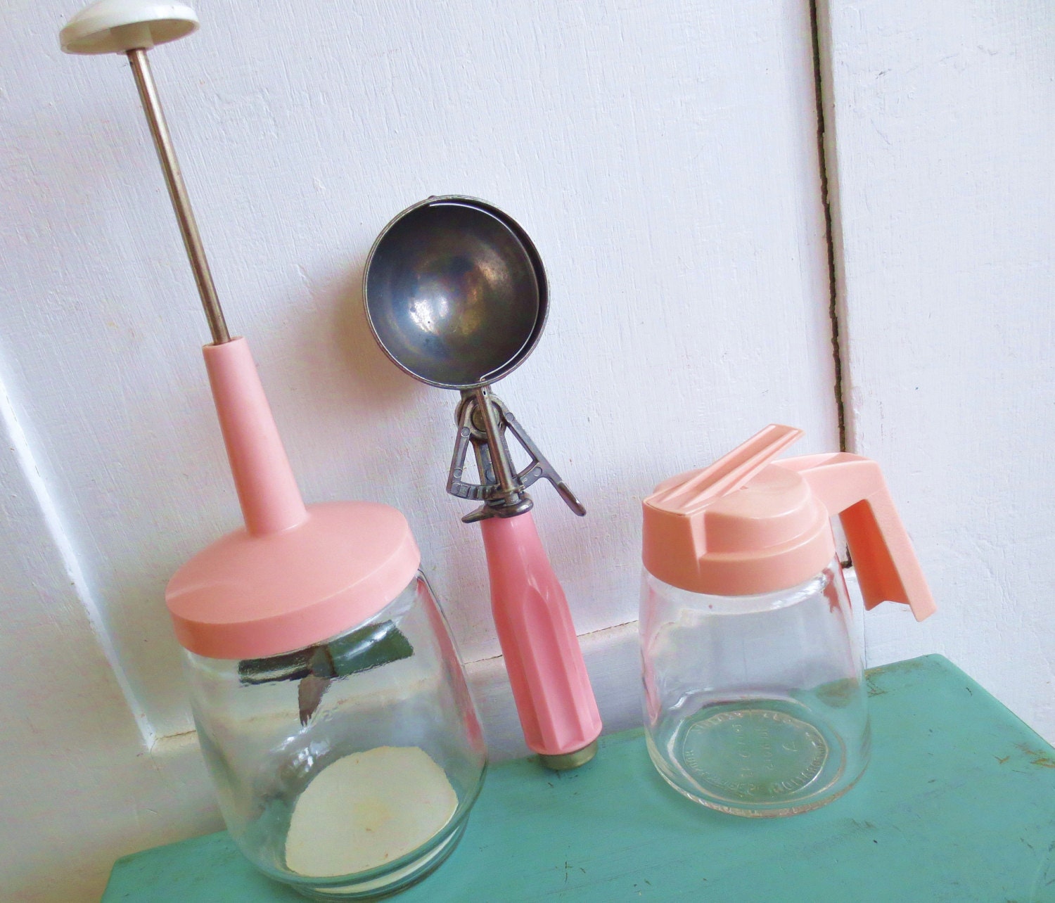 Tickled Pink... Vintage Pink Kitchen Utensils Syrup Dispenser Pitcher Ice Cream Scoop Scooper and Nut Chopper
