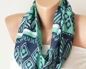 Infinity Scarf,Blue, green and white,  loop circle geometric handmade from chiffon