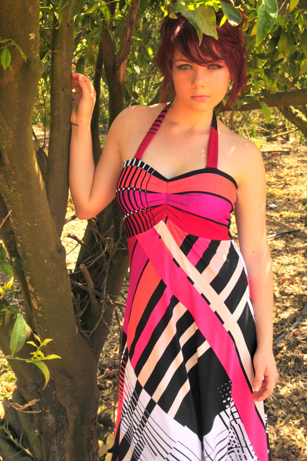 Striped Halter summer dress with an amazing geometric  print in PINK RED PEACH