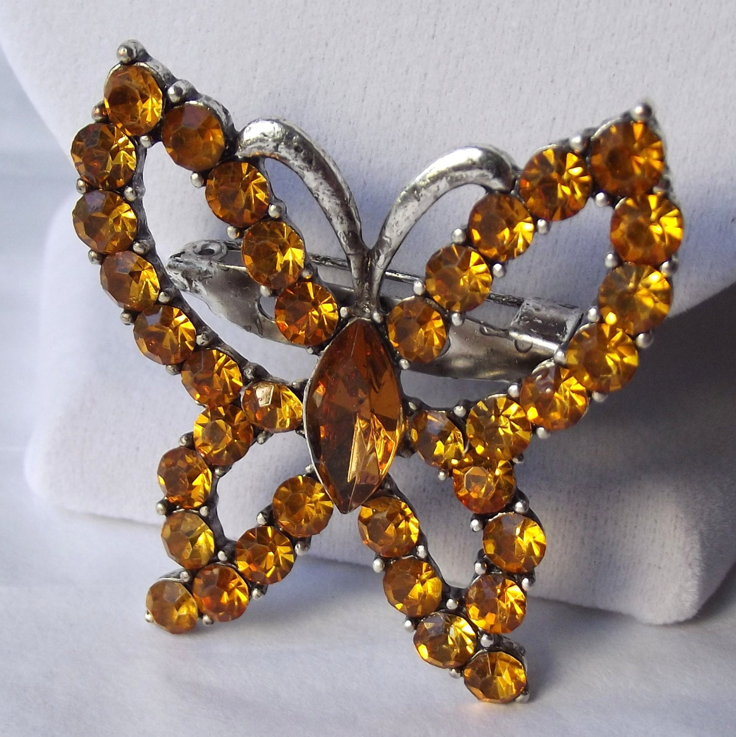 Vintage Butterfly Brooch, Collectible, Topaz colored Rhinestones, Mid Century, Mad Men, Costume Jewelry, 1940s 1950s