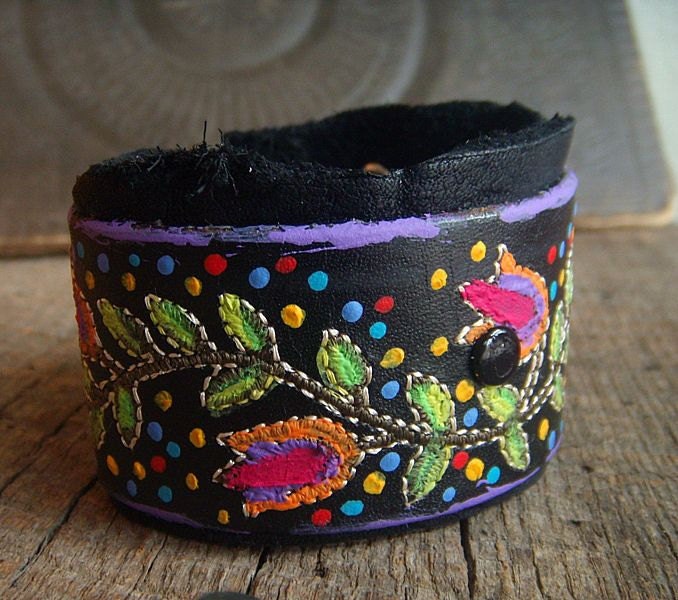 Hand Painted Leather Cuff Bracelet, One of a Kind