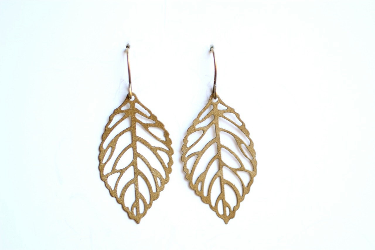 Minimalist Leaf Earrings on Antiqued Brass