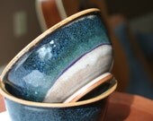 Set of Two Pretty Soup Bowls - Blue, Purple and Cream Stoneware