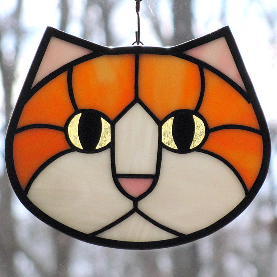 Stained Glass Cat Face Suncatcher Orange White Amber Eyes