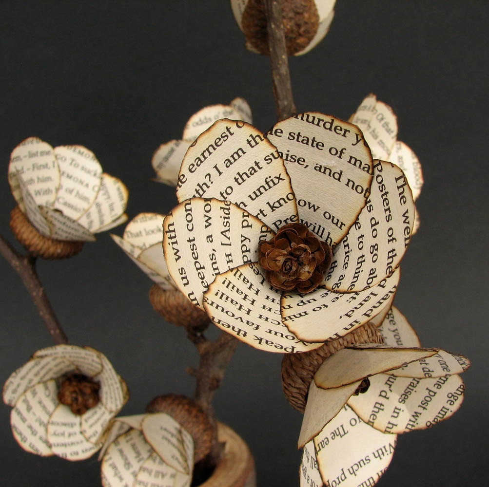 Acorn and Miniature Pine Cones Rustic Shakespeare's Hamlet Macbeth Othello Blossom Bonsai - Original Art Paper Sculpture by Tanja Sova