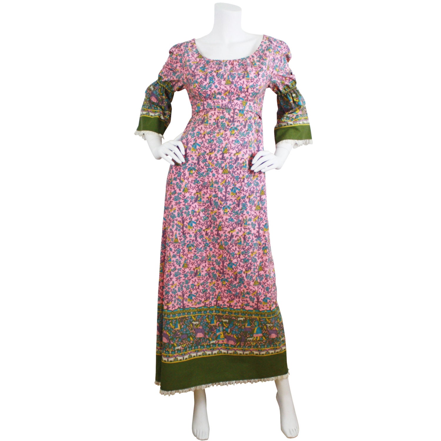 70's Vintage Pink Peasant Novelty Print Bohemian Maxi Dress