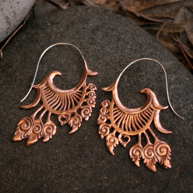 Give Love Earrings - Copper and Sterling Silver - feather, tribal, headdress