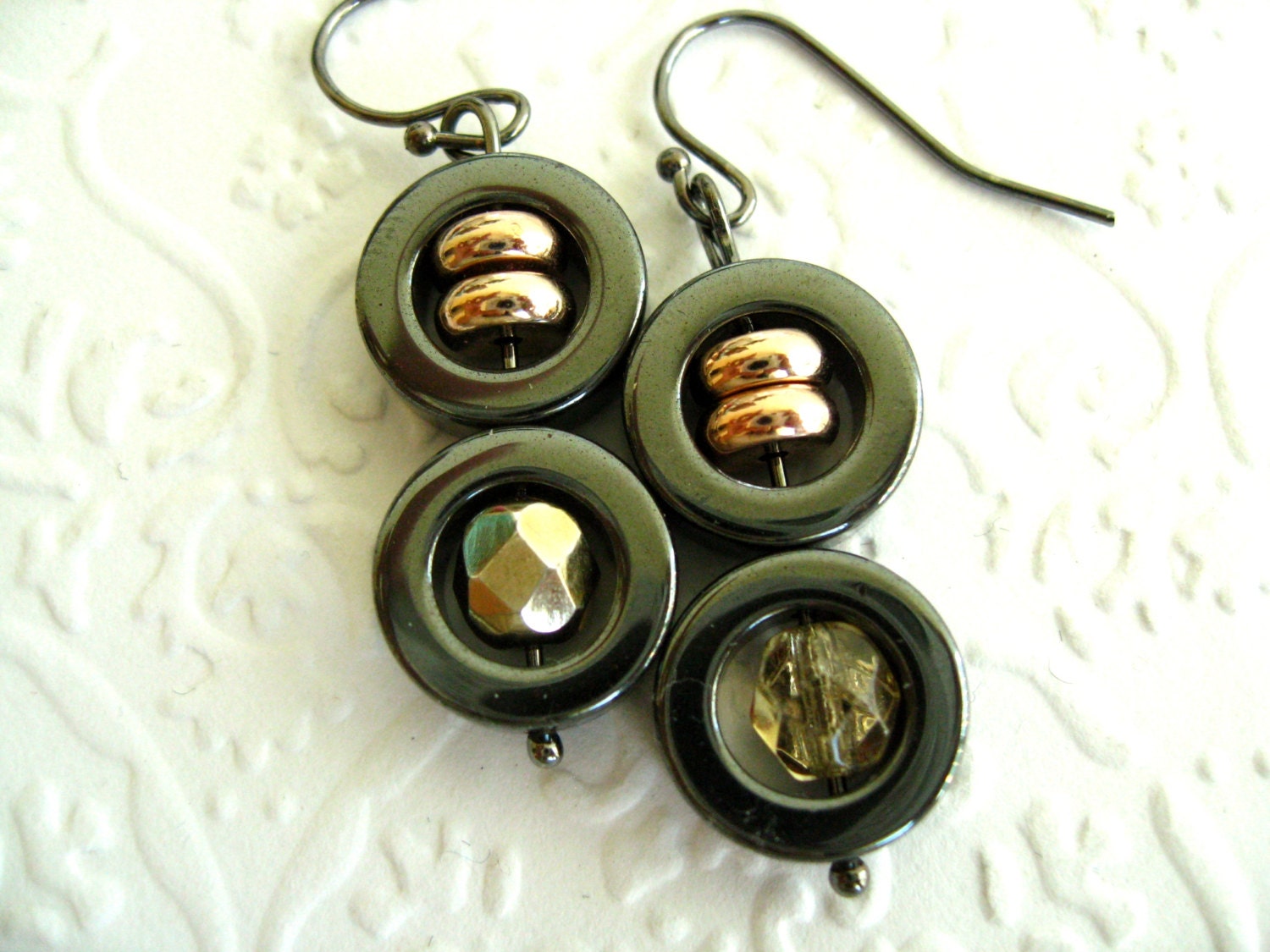 Modern Circle earrings Steel grey rose gold olive earrings by Vitrine Healing Jewelry
