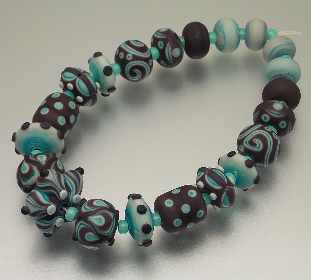 Handmade lampwork beads, copper green, chocolate brown, "Chocolate Mint"