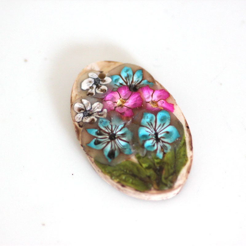 Polymer Clay Bead, Spring Flowers Bead, Turquoise and Magenta 943