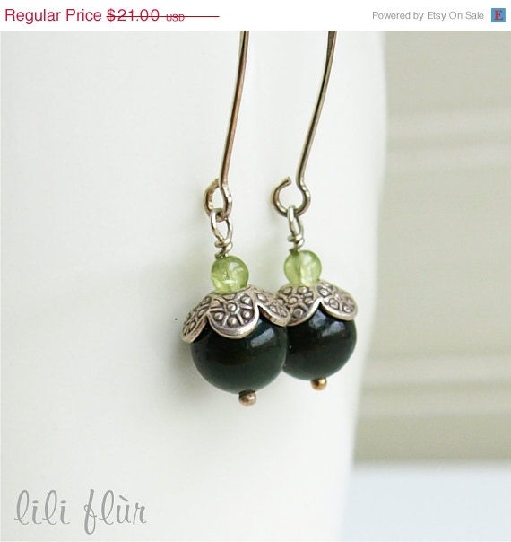 SALE Sterling Silver Earrings - Nephrite Jade and Peridot