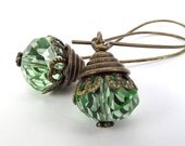 SALE Antique Brass Earring with Czech Green Rondelle Glass Beads