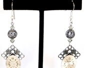 Steampunk Antiqued Silver Ornate Earrings with Vintage Watch Faces and Black Diamond Swarovski Crystal Beads by Velvet Mechanism
