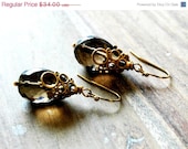 Summer Sale 10% Off Smokey Quartz Gemstone Earrings with Vermeil Gold Bubble Patterned Charms