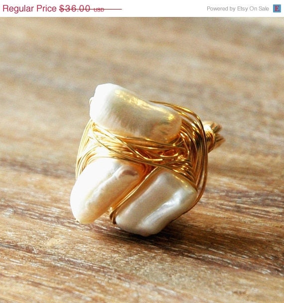 Summer Sale 10% Off Size 8 Gold Wire Wrapped Nesting Ring with Freshwater Pearls