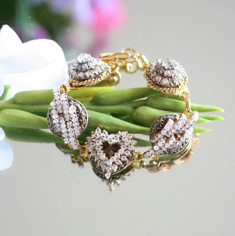 Rhinestone Charm Bracelet, Bridal Accessories, Gold Heart Bracelet, Bridal Bracelet, Wedding Jewelry, Vintage Bracelet