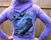 Lavendar Purple & Blue Raven Zip Up Hoodie Triple Raven Crow Cotton Fleece Junior Sizing L, XL
