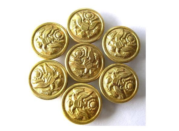 7 Metal  vintage buttons, carved picture, gold color, 15mm
