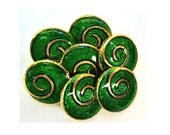 6 Vintage plastic buttons, green, gold color spiral ornament shank buttons 20mm