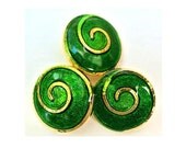 6 Vintage plastic buttons, green, gold color spiral ornament shank buttons 25mm