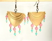 Triangle earrings tribal jewelry, boho earrings, Egyptian jewelry, raw brass coral mint