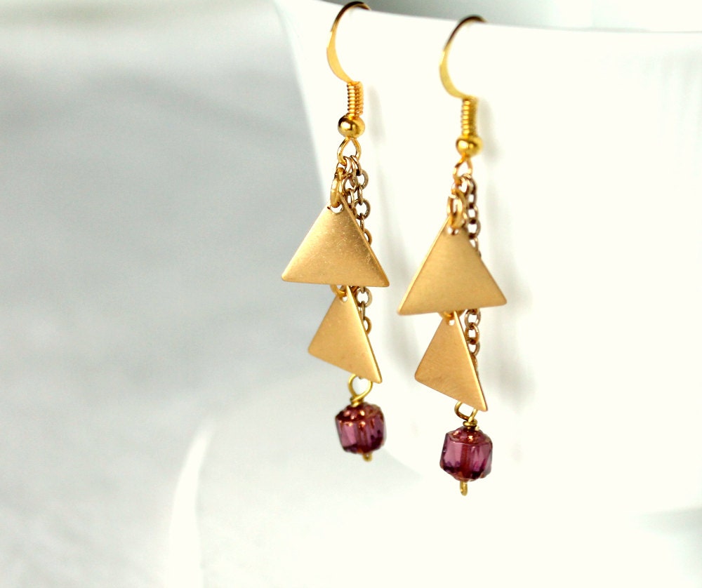 Geometric earrings brass triangle, Egyptian jewelry, ethnic earrings, raw brass & purple
