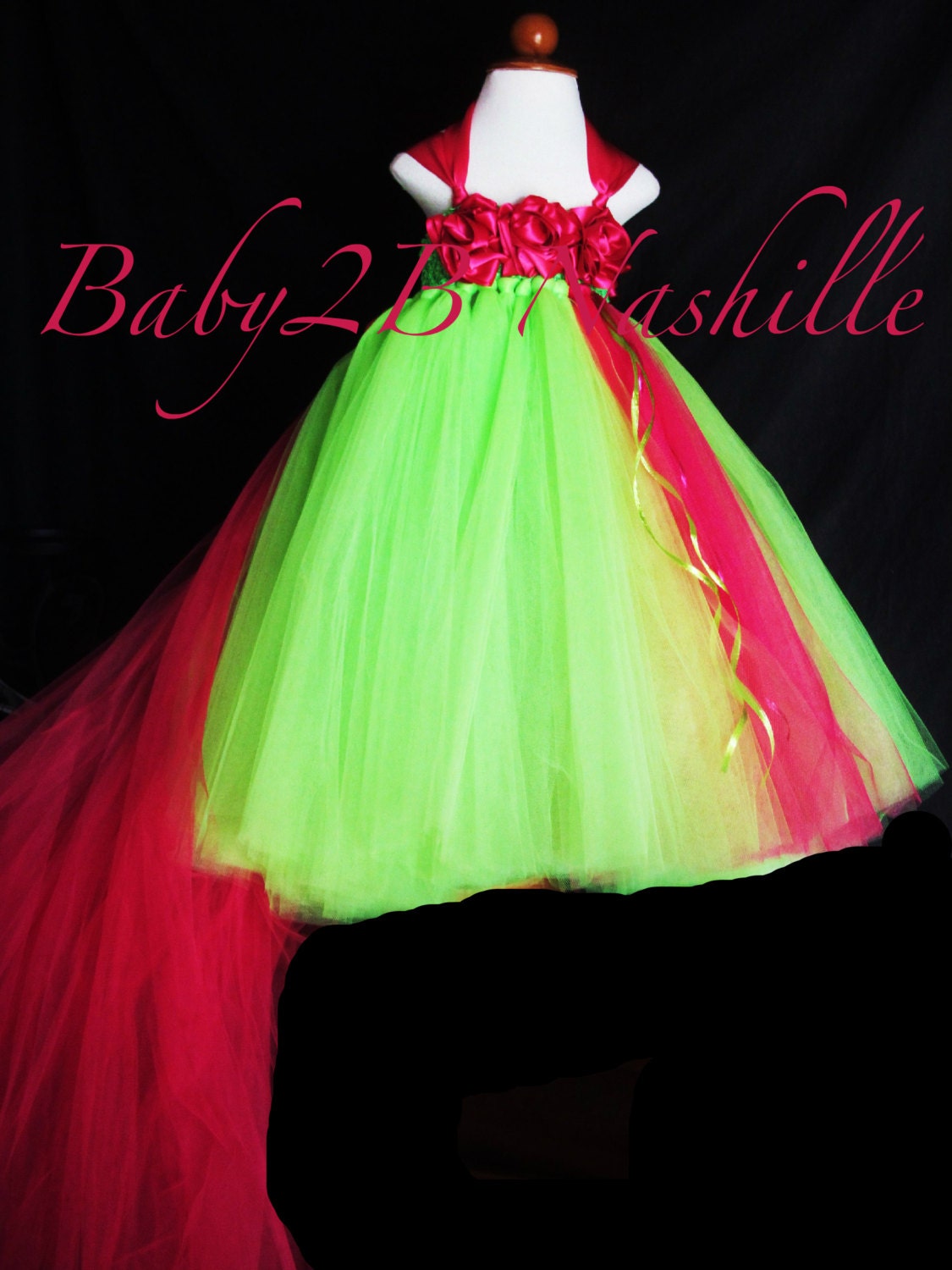 Wedding Flower Girl Tutu Dress in Apple and Fuchsia Toddler 2-4T with Detachable Train