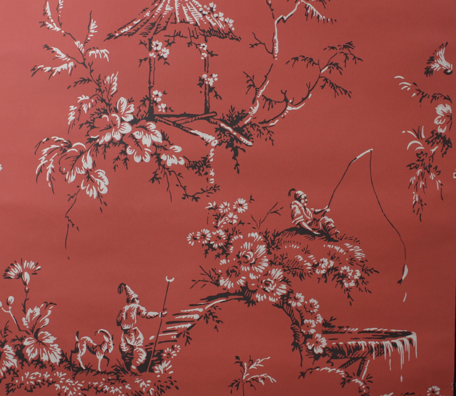1940's Vintage Wallpaper Brick Red and Black Chinoiserie