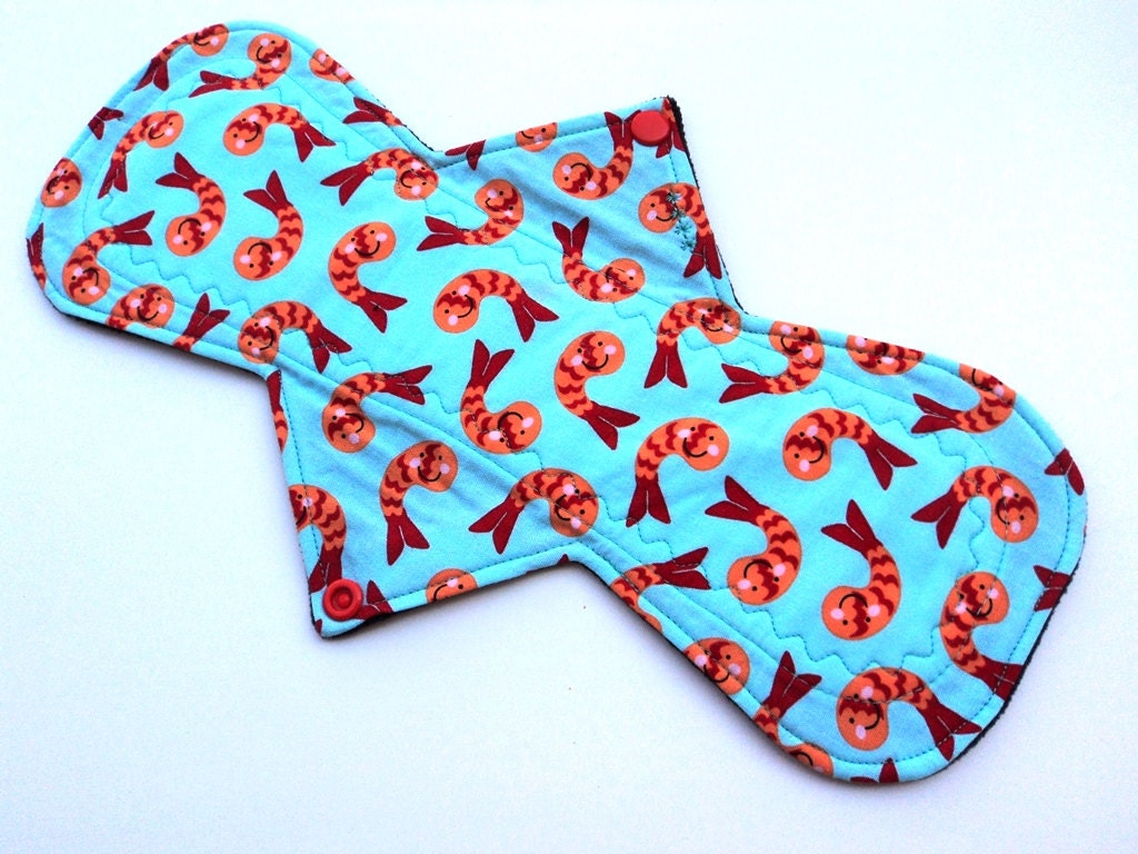 Cloth Menstrual Pad - 12.5" - Bamboo Hemp Core   - Ultra Absorbency - Bento Box - Smiling Shrimp - Blue Topaz