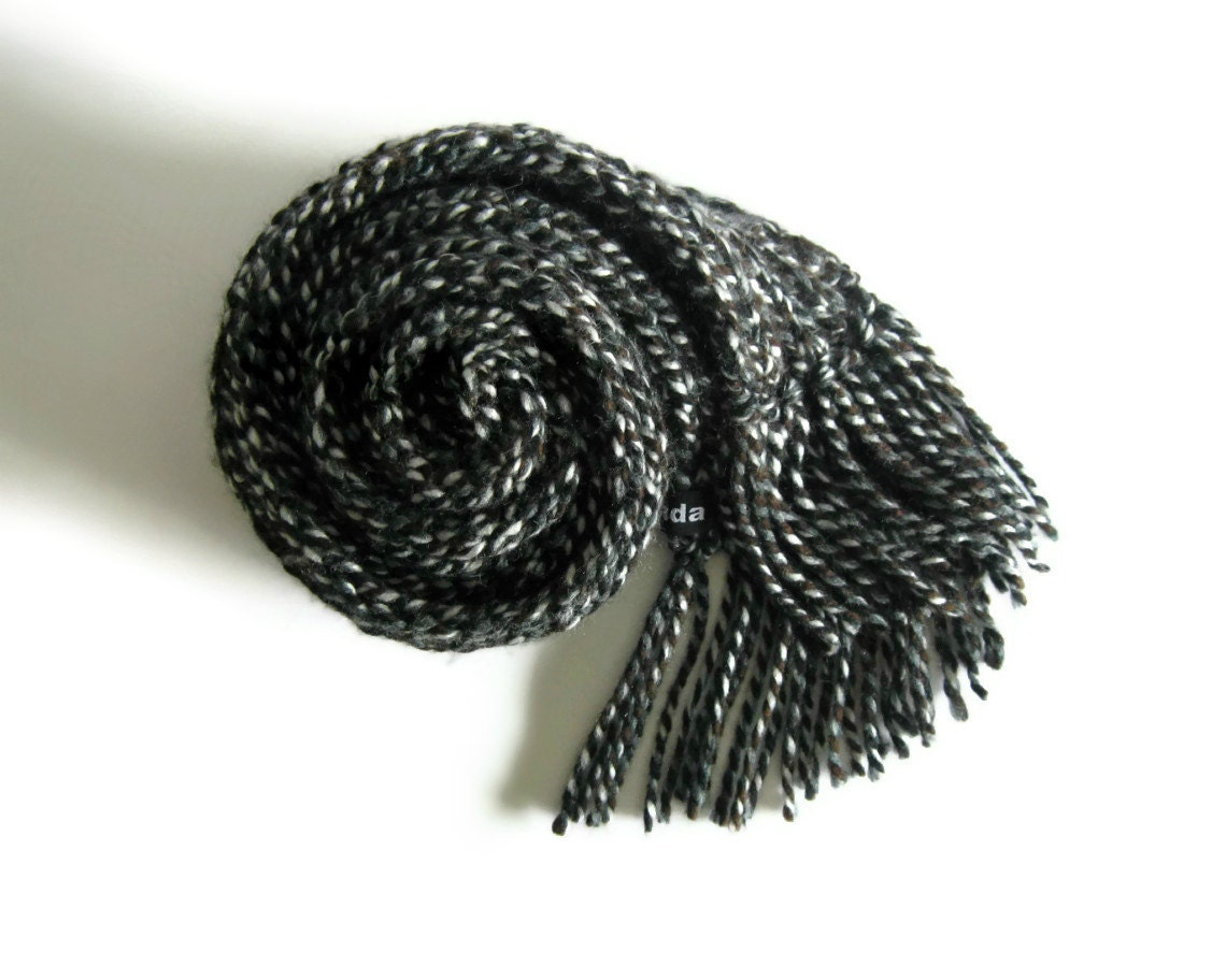 Long Scarf Knitted in Tweed Black White and Brown