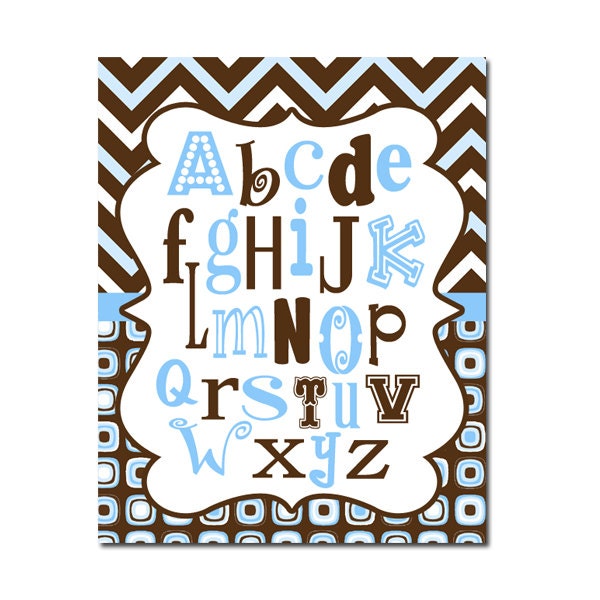 Boy Brown Blue Alphabet ABC 11x14 Print Poster Wall Art Child or Crib Nursery Home Decor Gift Quote Picture Font Typography