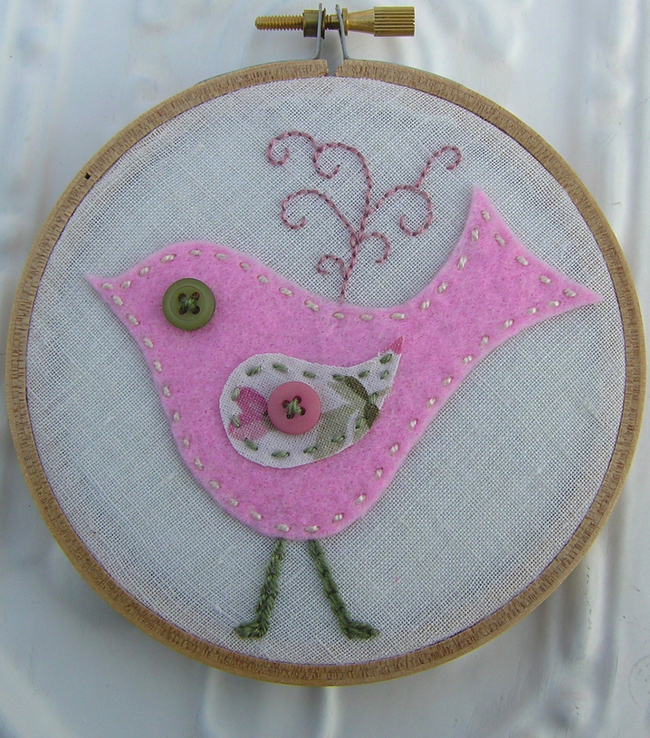 Embroidered Wall Art - Miss Dottie Sue - Sweet Pink and Green Felt Folk Art Bird on Linen